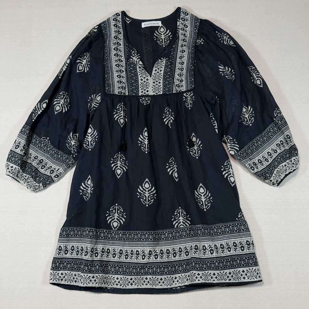 Maison Hotel Celeste Short Dress in Black Henna Cotton Boho Mini Dress Medium